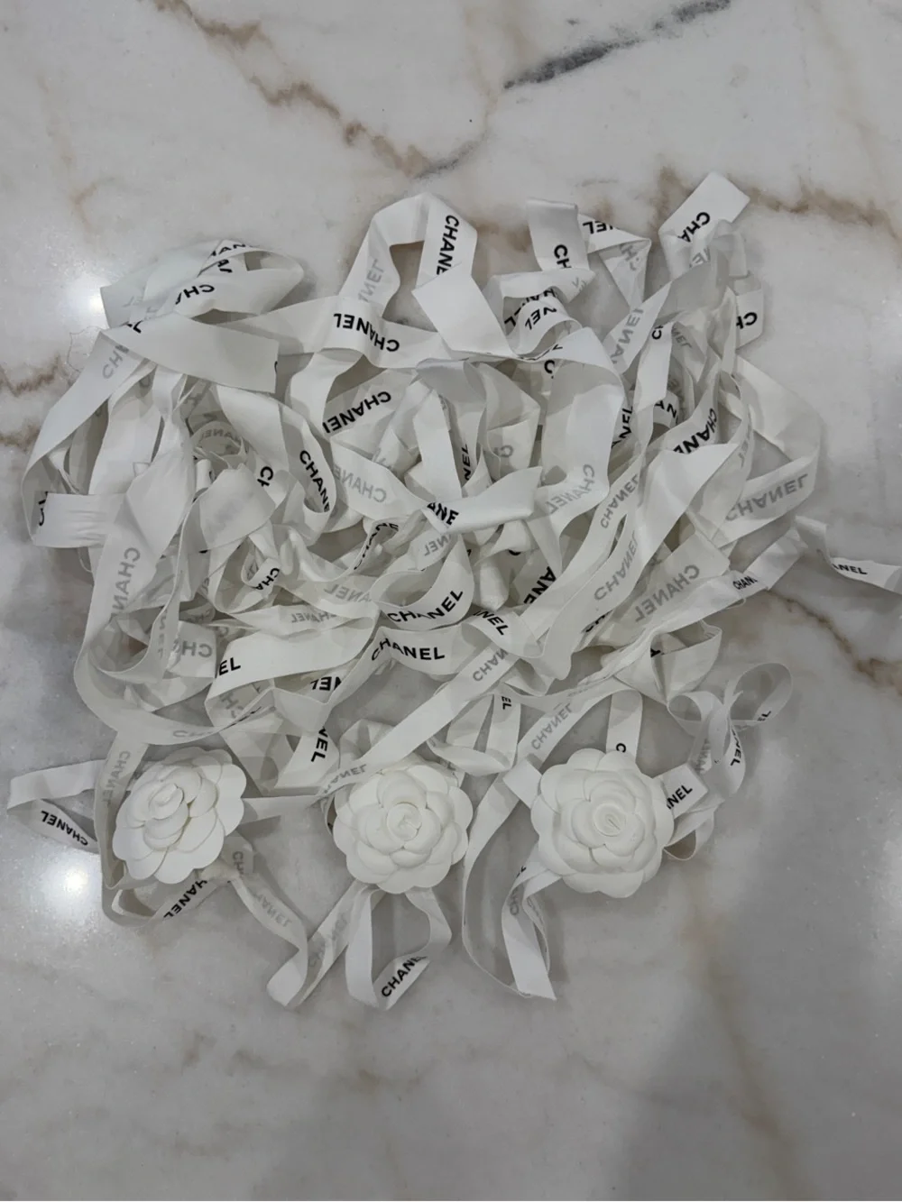CHANEL White Ribbon Ties with White Camellia Flowers